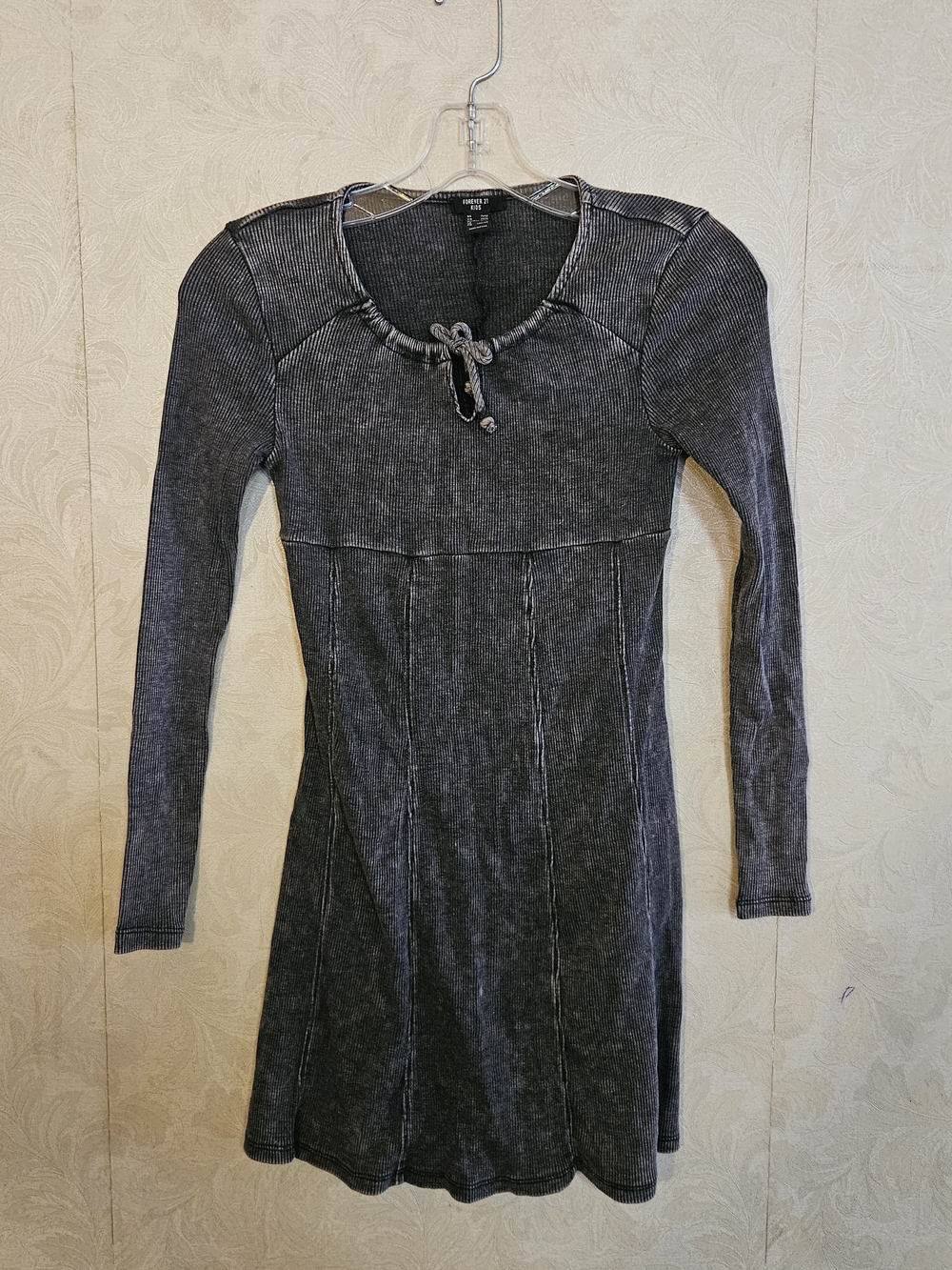 Forever 21 Washed Black Ribbed Tie-Neck A-Line Dress